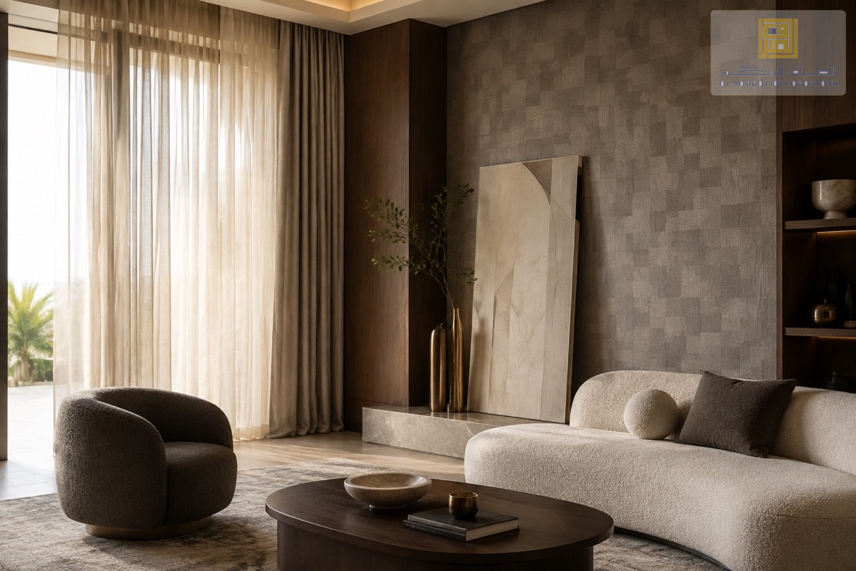 AI-generated interior inspiration with textured walls and warm wood tones